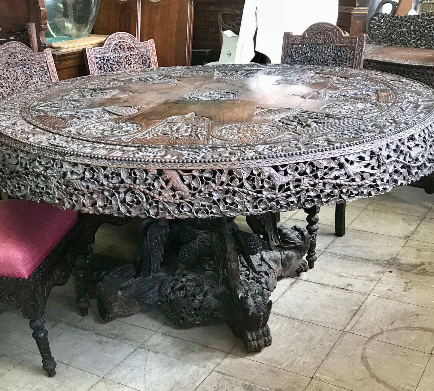 ASIAN CARVED TABLE, SIX CHAIRS. AND SERVER DISPLAYED AT COLUMBIAN WORLDS FAIR