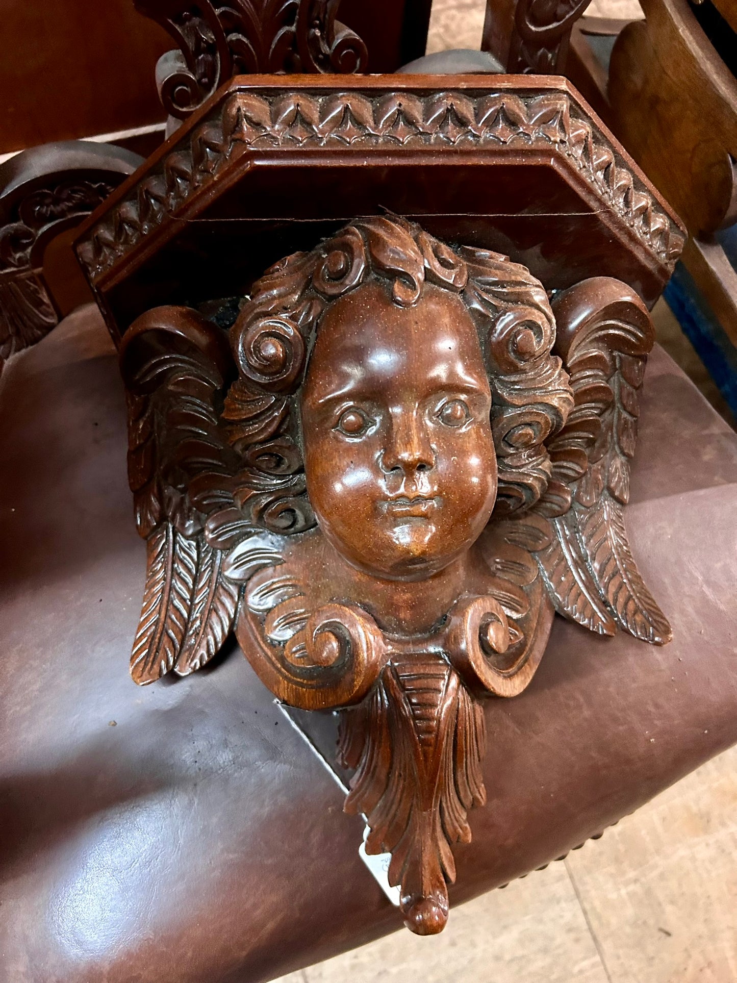 PR. ANTIQUE CARVED CHERUB WALL SHELVES