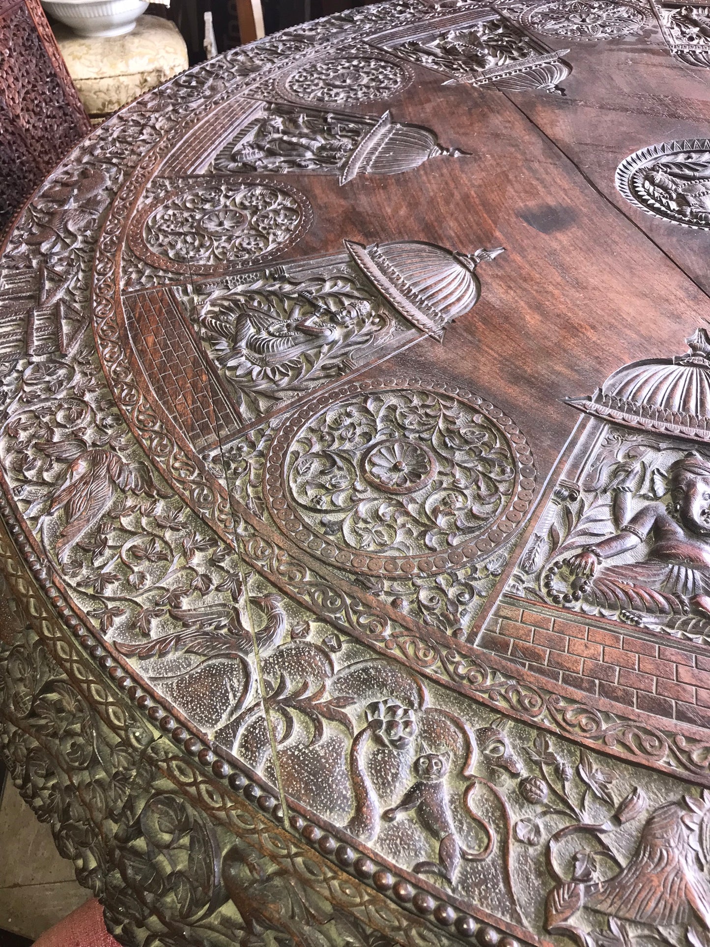 ASIAN CARVED TABLE, SIX CHAIRS. AND SERVER DISPLAYED AT COLUMBIAN WORLDS FAIR