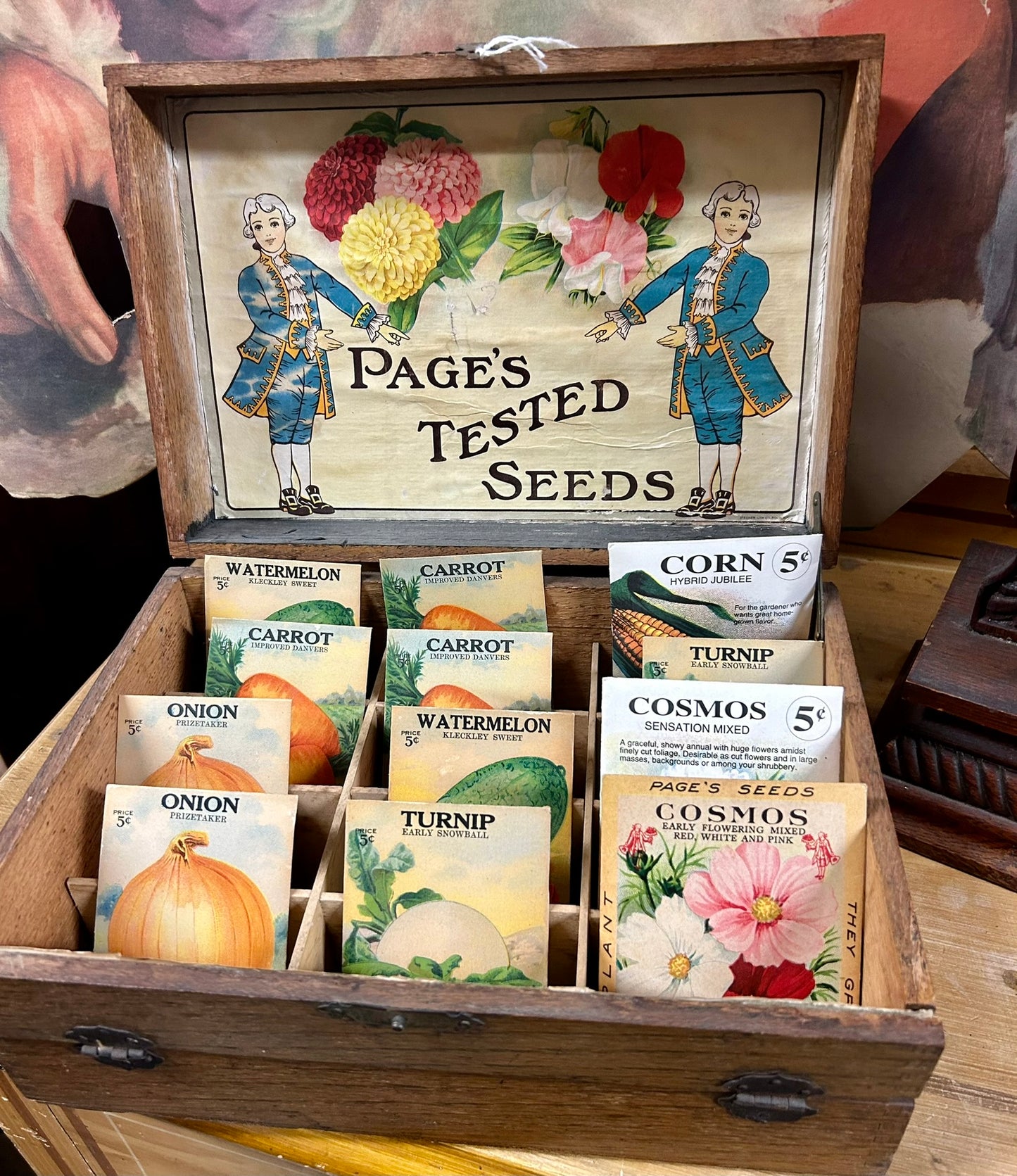 ANTIQUE ADVERTISING STORE SEED BOX WITH SEED PACKETS