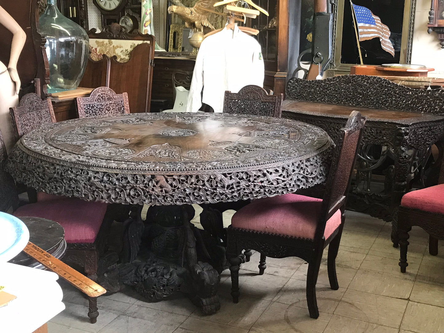 ASIAN CARVED TABLE, SIX CHAIRS. AND SERVER DISPLAYED AT COLUMBIAN WORLDS FAIR