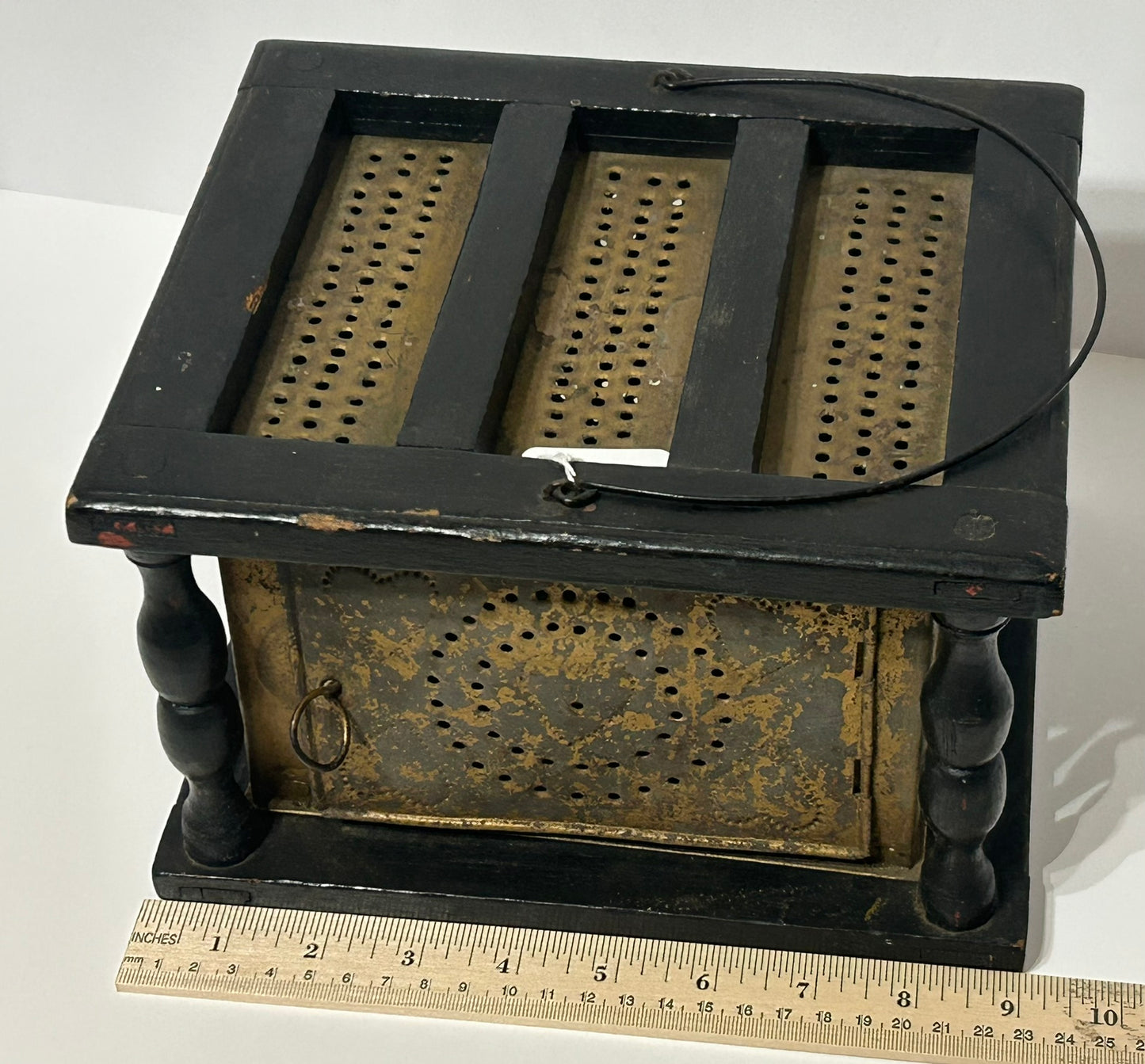 ANTIQUE FOOTWARMER - WOOD AND TIN WITH PIERCED HEART DESIGNS