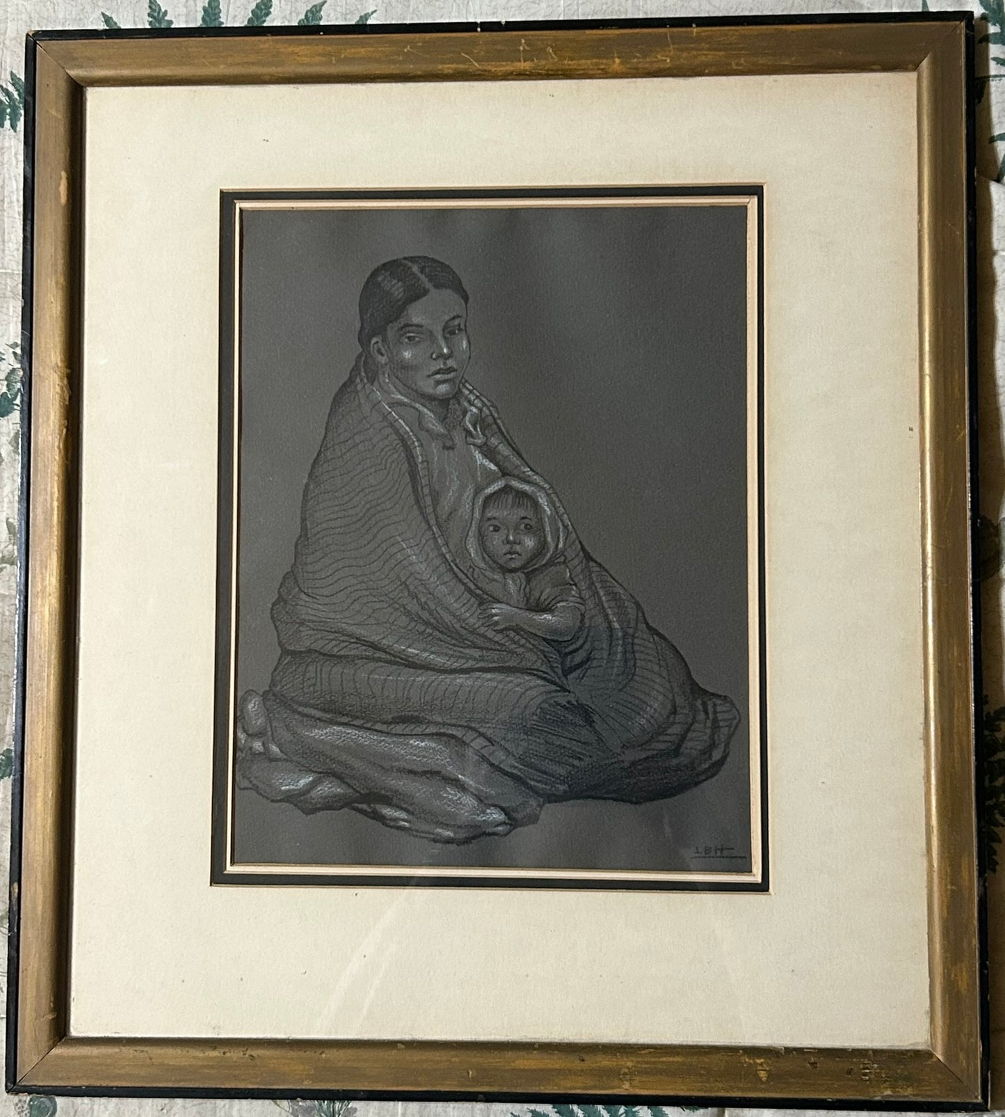 WOMAN AND CHILD DRAWING NATIVE AMERICAN OR LATIN SIGNED