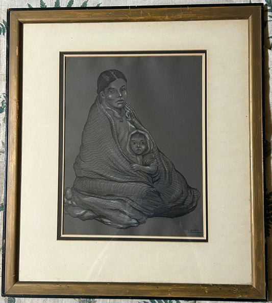 WOMAN AND CHILD DRAWING  NATIVE AMERICAN OR LATIN SIGNED