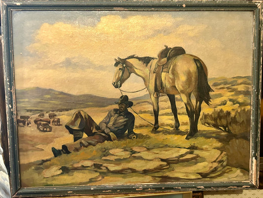 COWBOY AND HIS HORSE WESTERN PAINTING BY JOSEPH (JOE) KNOWLES 1869-1942 MAINE & WASHINGTON ARTIST