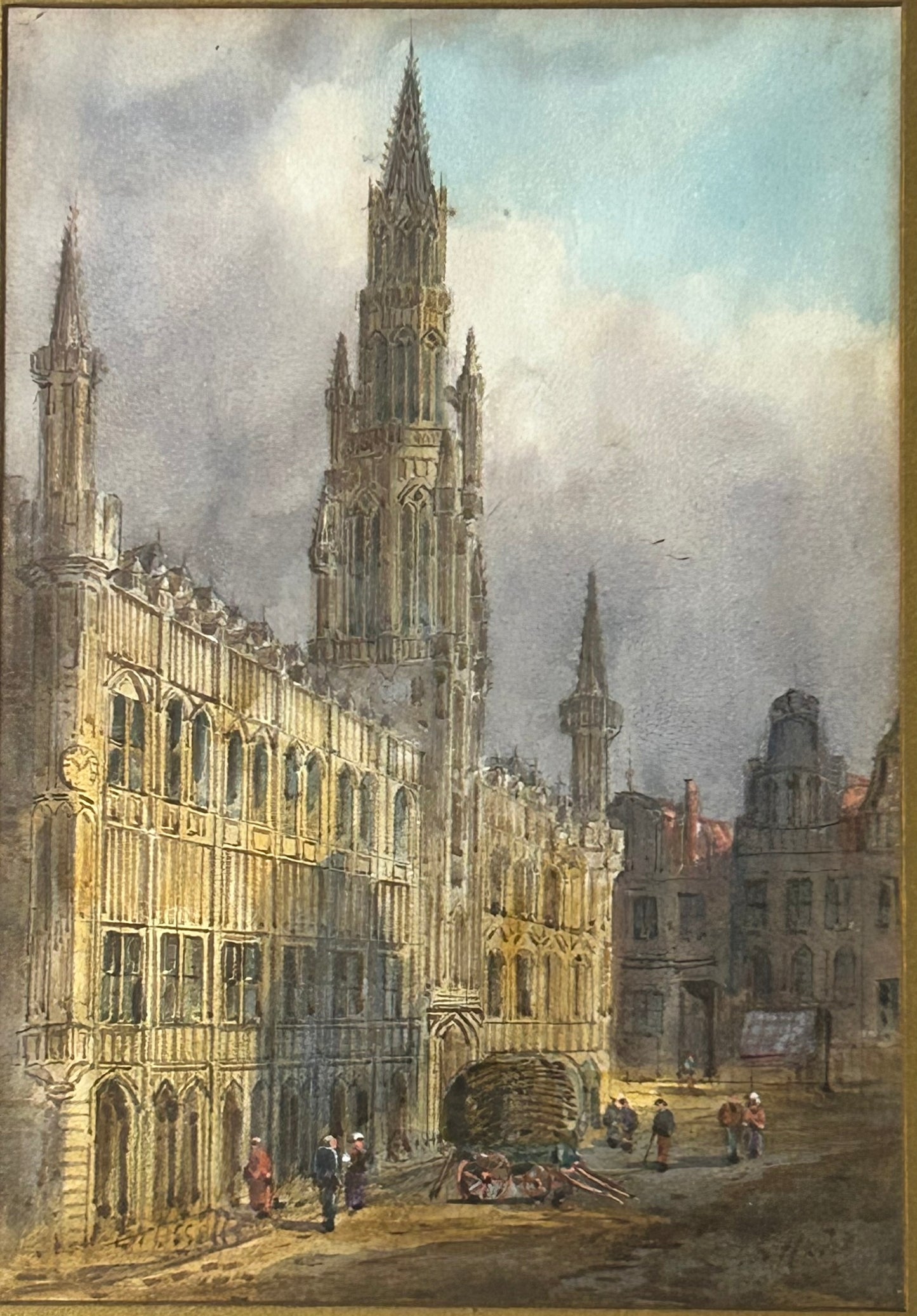 WATERCOLOR PAINTING OF BRUSSELS TOWN HALL CIRCA LATE 1800'S