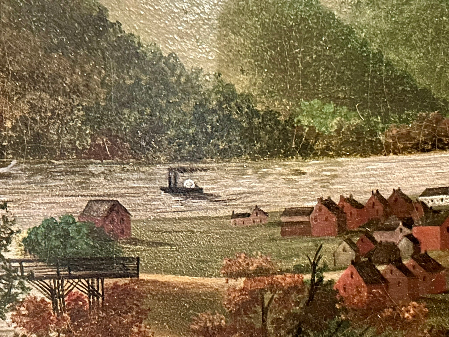 EARLY WHEELING WEST VIRGINIA AREA FOLK ART PAINTING OF RIVERBOAT & HOUSES