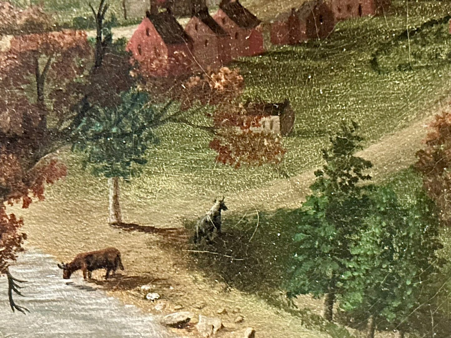 EARLY WHEELING WEST VIRGINIA AREA FOLK ART PAINTING OF RIVERBOAT & HOUSES