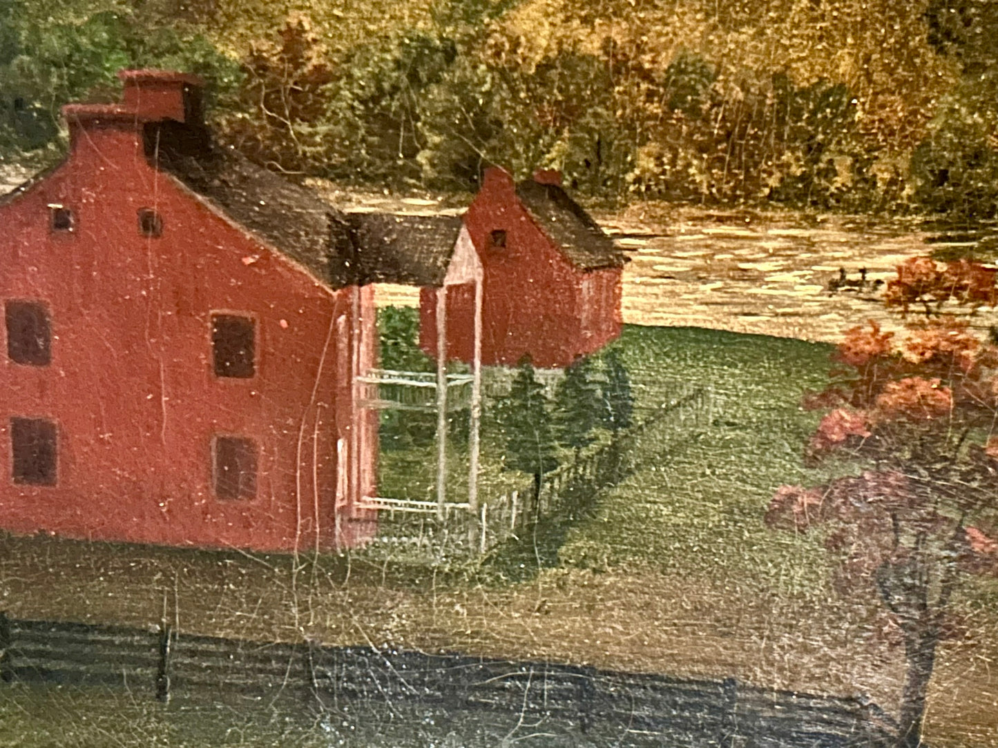 EARLY WHEELING WEST VIRGINIA AREA FOLK ART PAINTING OF RIVERBOAT & HOUSES