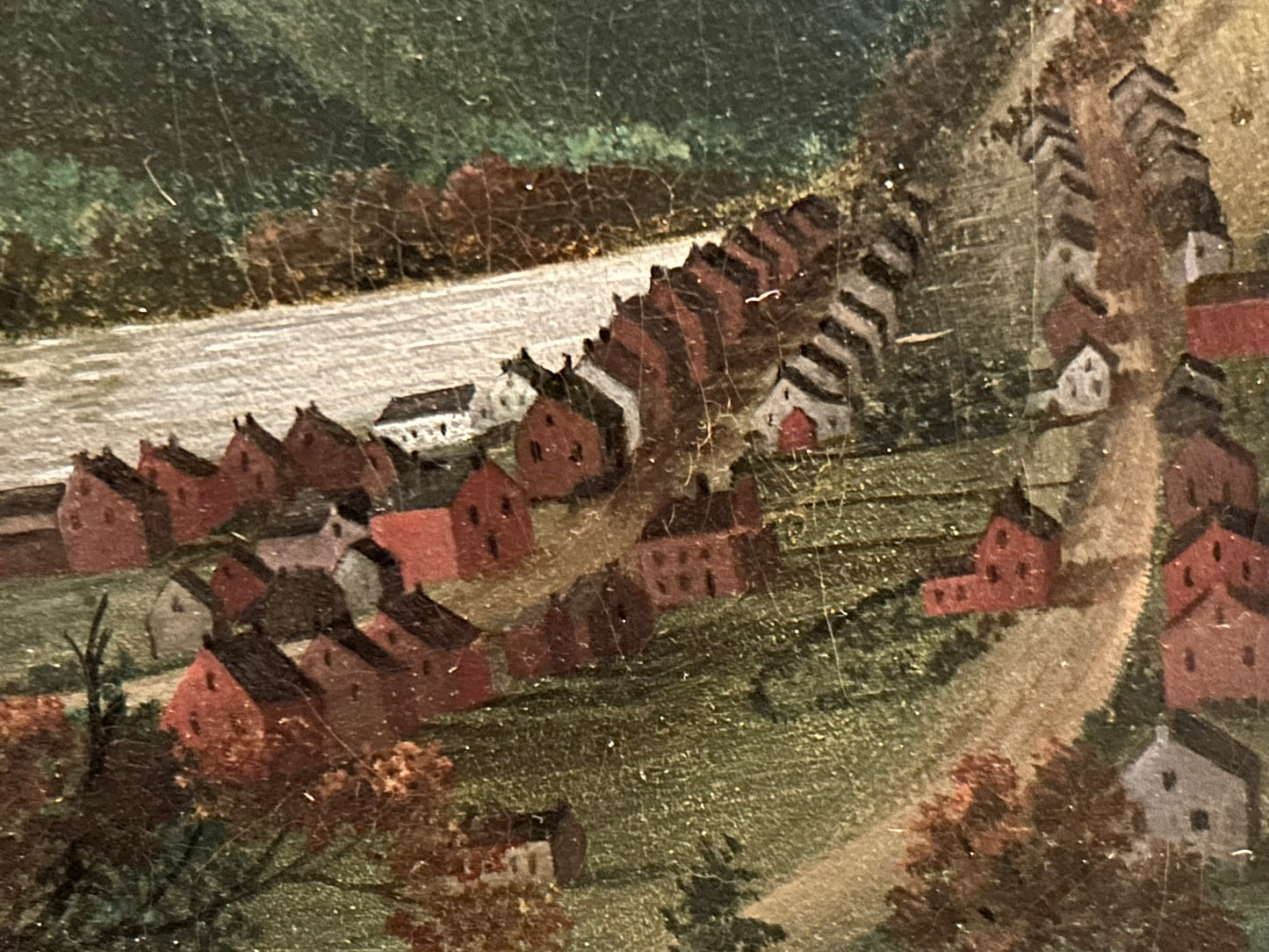 EARLY WHEELING WEST VIRGINIA AREA FOLK ART PAINTING OF RIVERBOAT & HOUSES