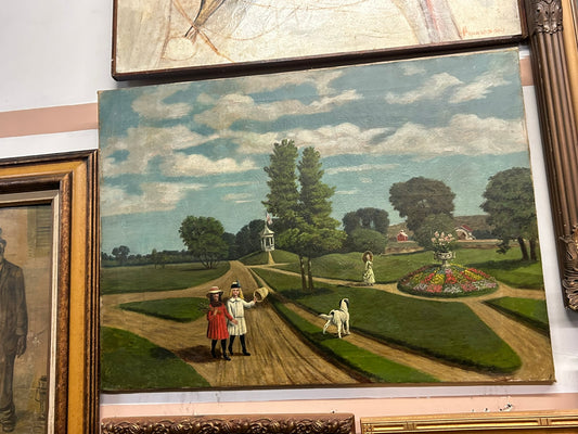 FOLK ART PAINTING OF CHILDREN, DOG AND WOMAN OUTDOORS