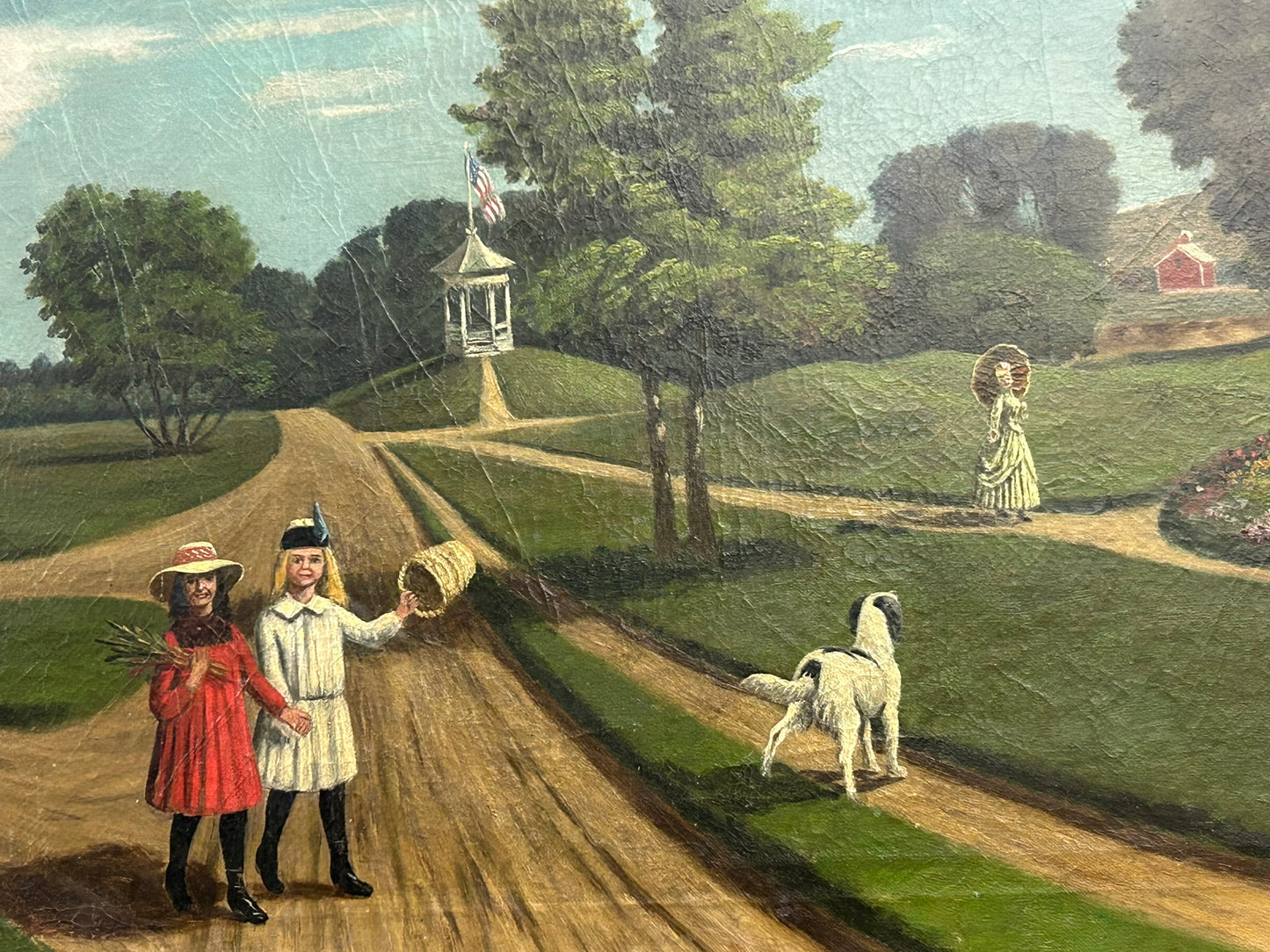 FOLK ART PAINTING OF CHILDREN, DOG AND WOMAN OUTDOORS