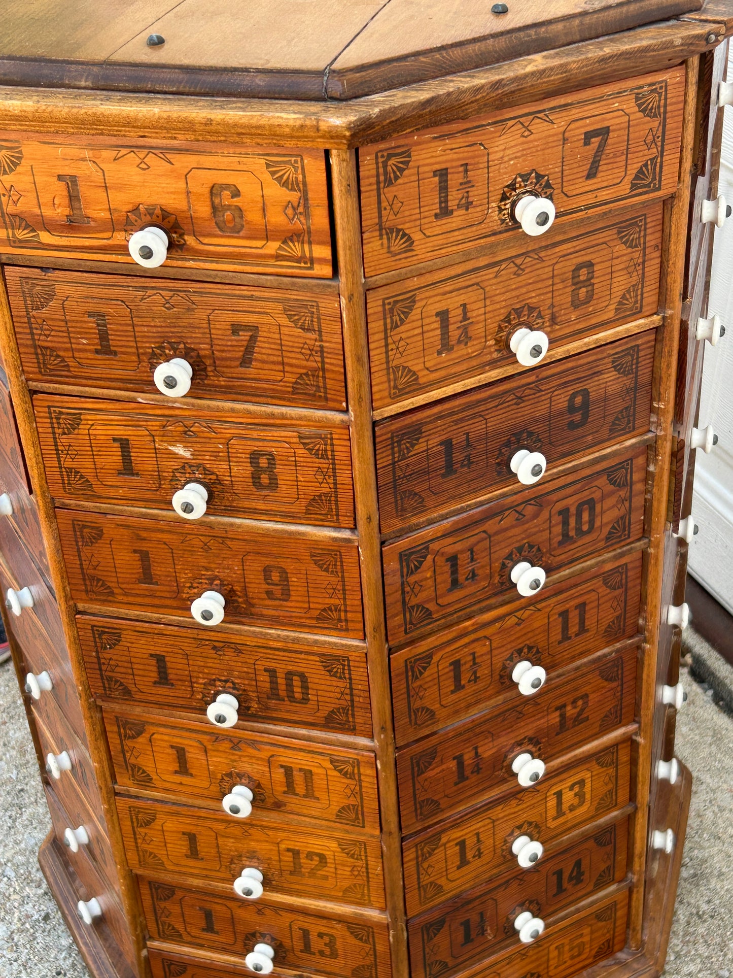 ANTIQUE COUNTRY STORE SCREW AND BOLT REVOLVING OCTAGON CABINET