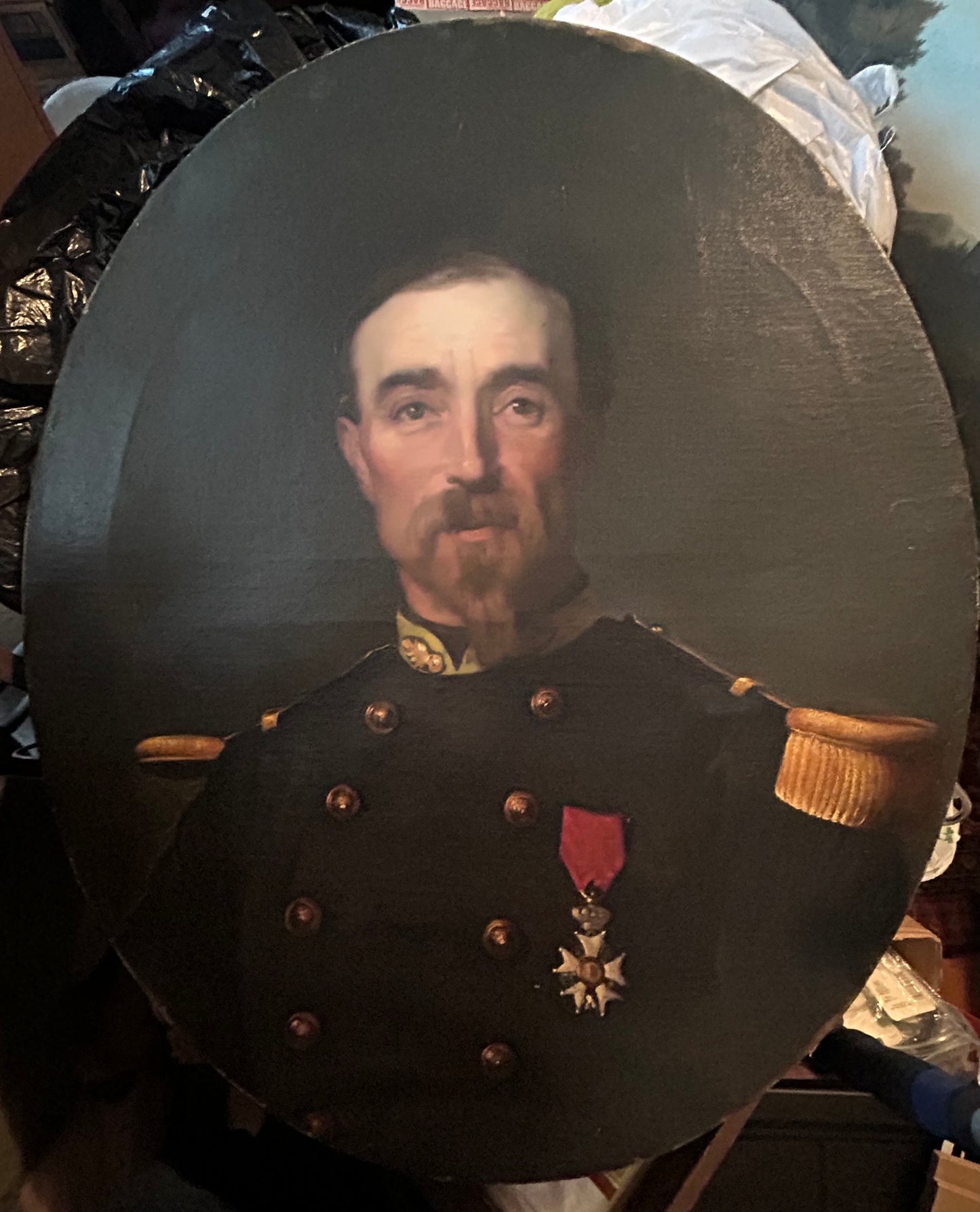 SIGNED PORTRAIT OF 1800's OFFICER WEARING MALTESE CROSS MEDAL AND EPAULETTES