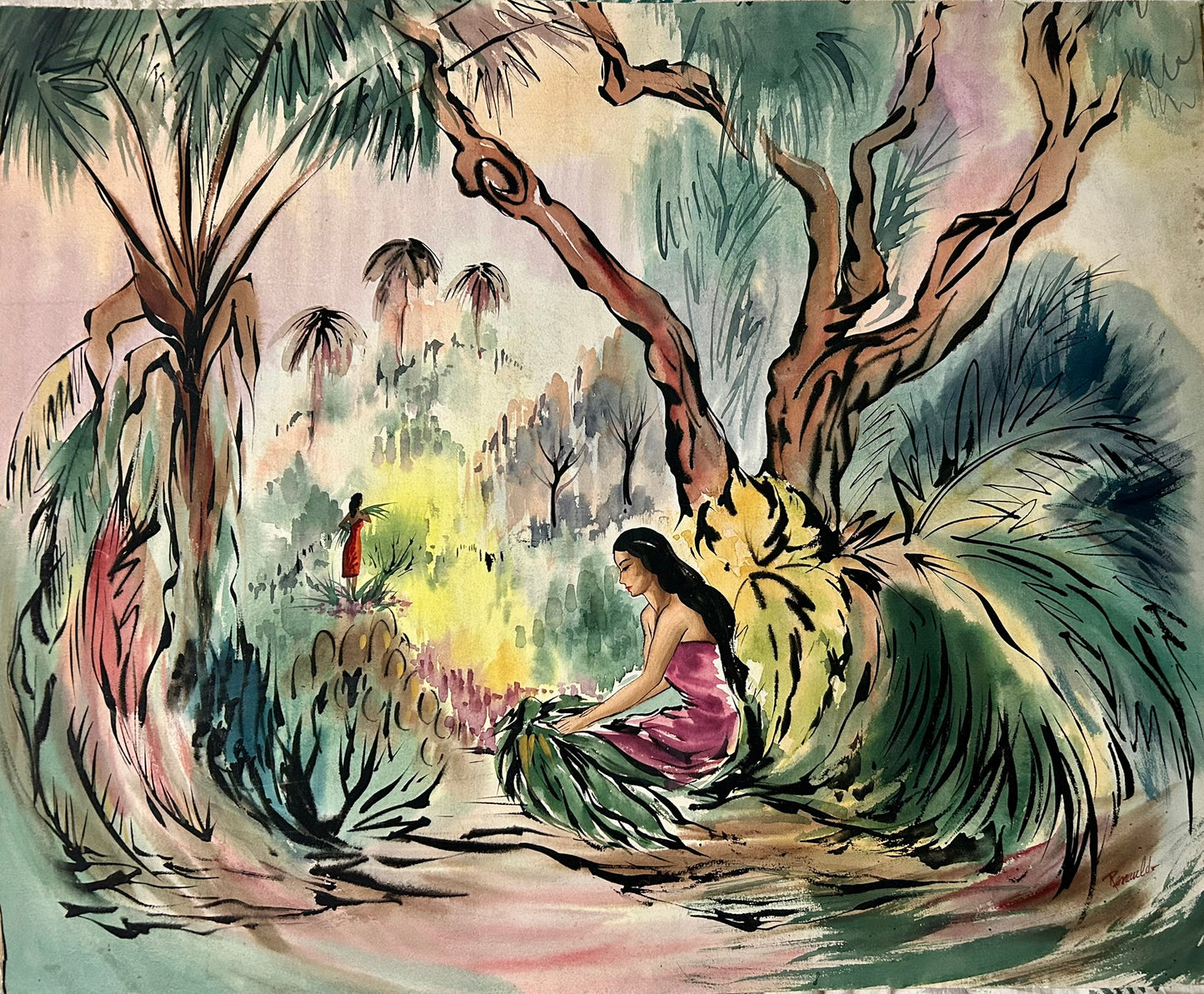 WATERCOLOR OF GIRLS HARVESTING PALM LEAVES 1940'S
