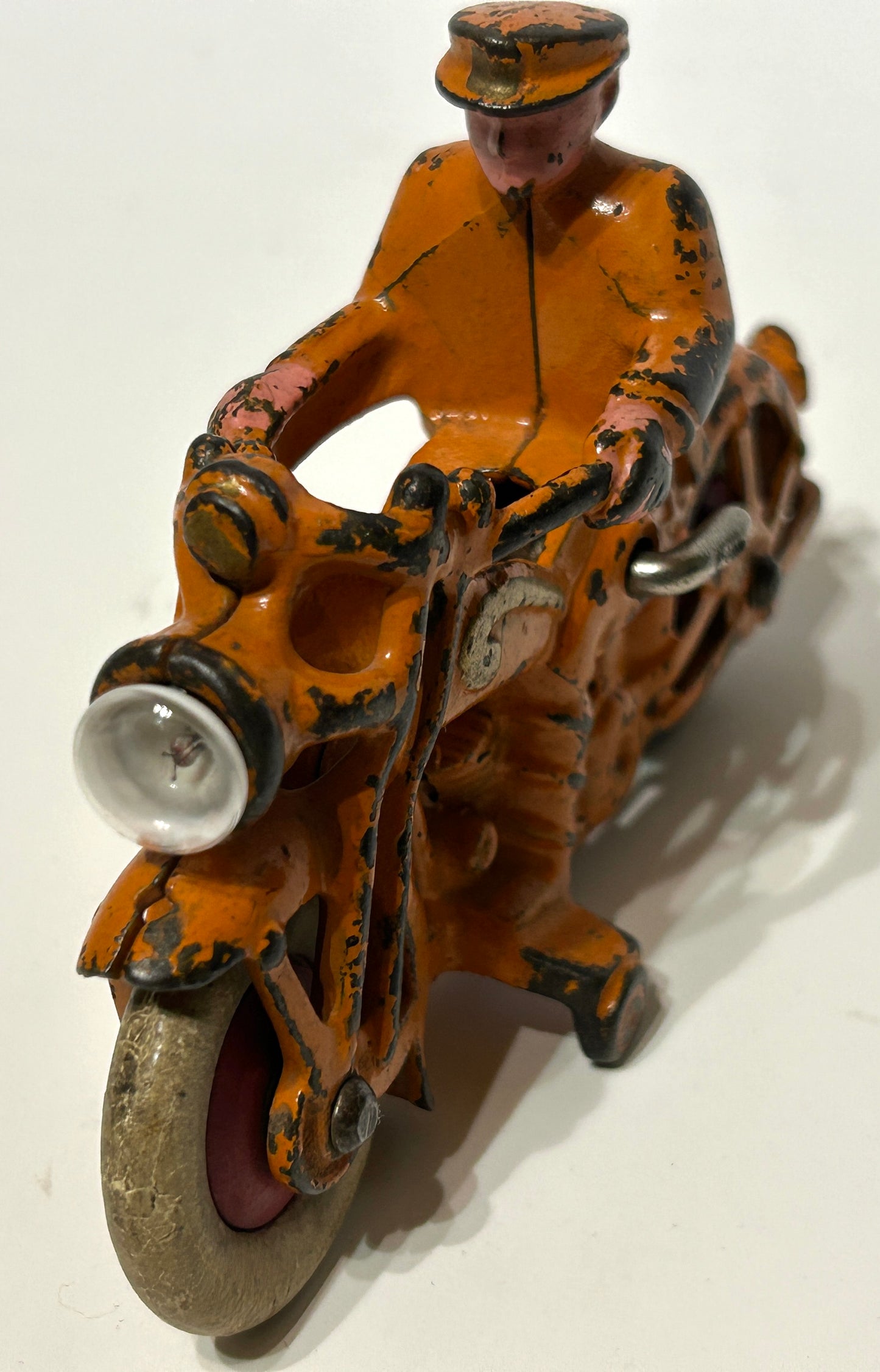 ANTIQUE CAST IRON TOY MOTORCYCLE WITH WORKING HEADLIGHT BY HUBLEY