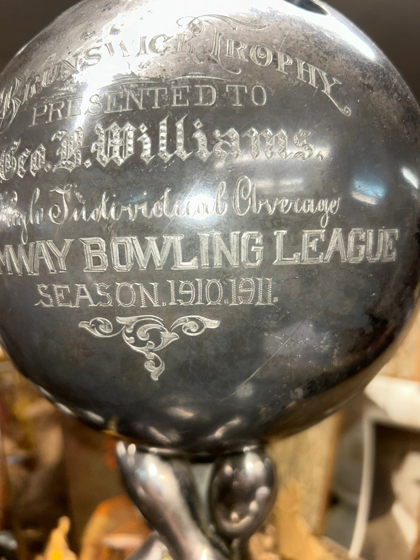 BRUNSWICK BOWLING FIGURAL BALL AND PINS TROPHY 1911