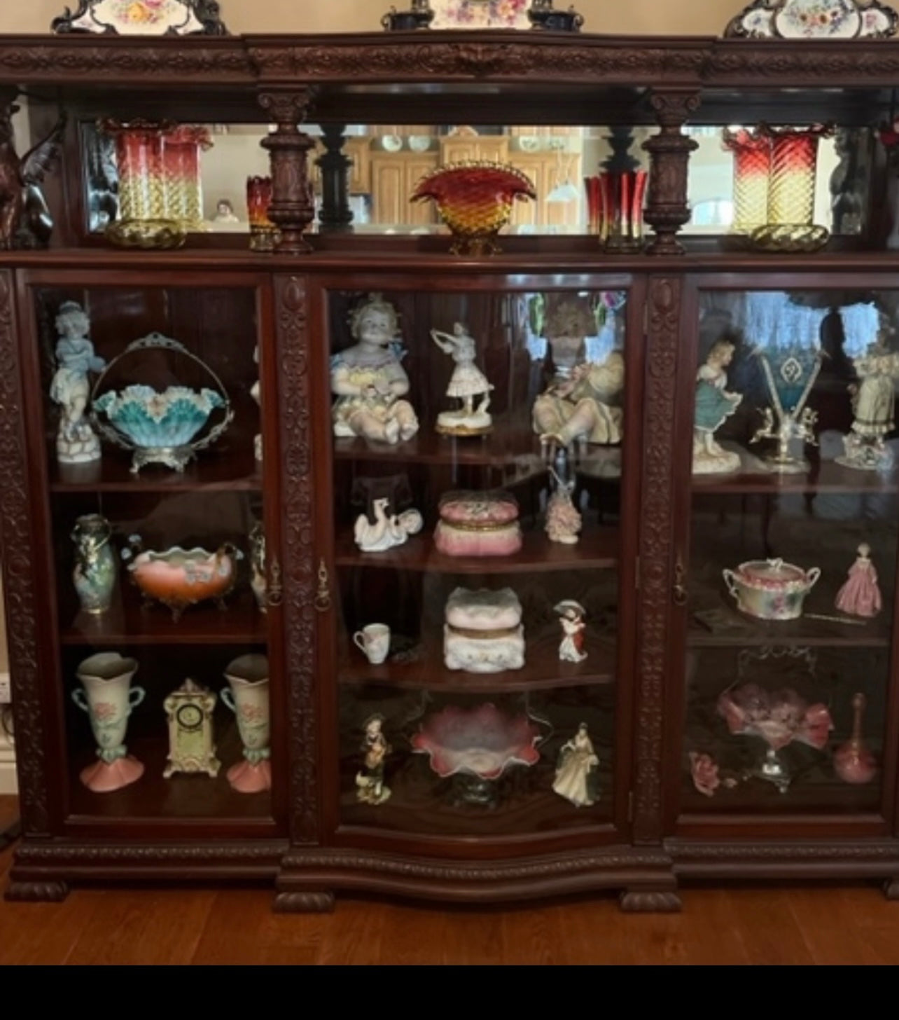 R. J. HORNER CARVED MAHOGANY WINGED GRIFFIN 3 DRAWER BOOKCASE