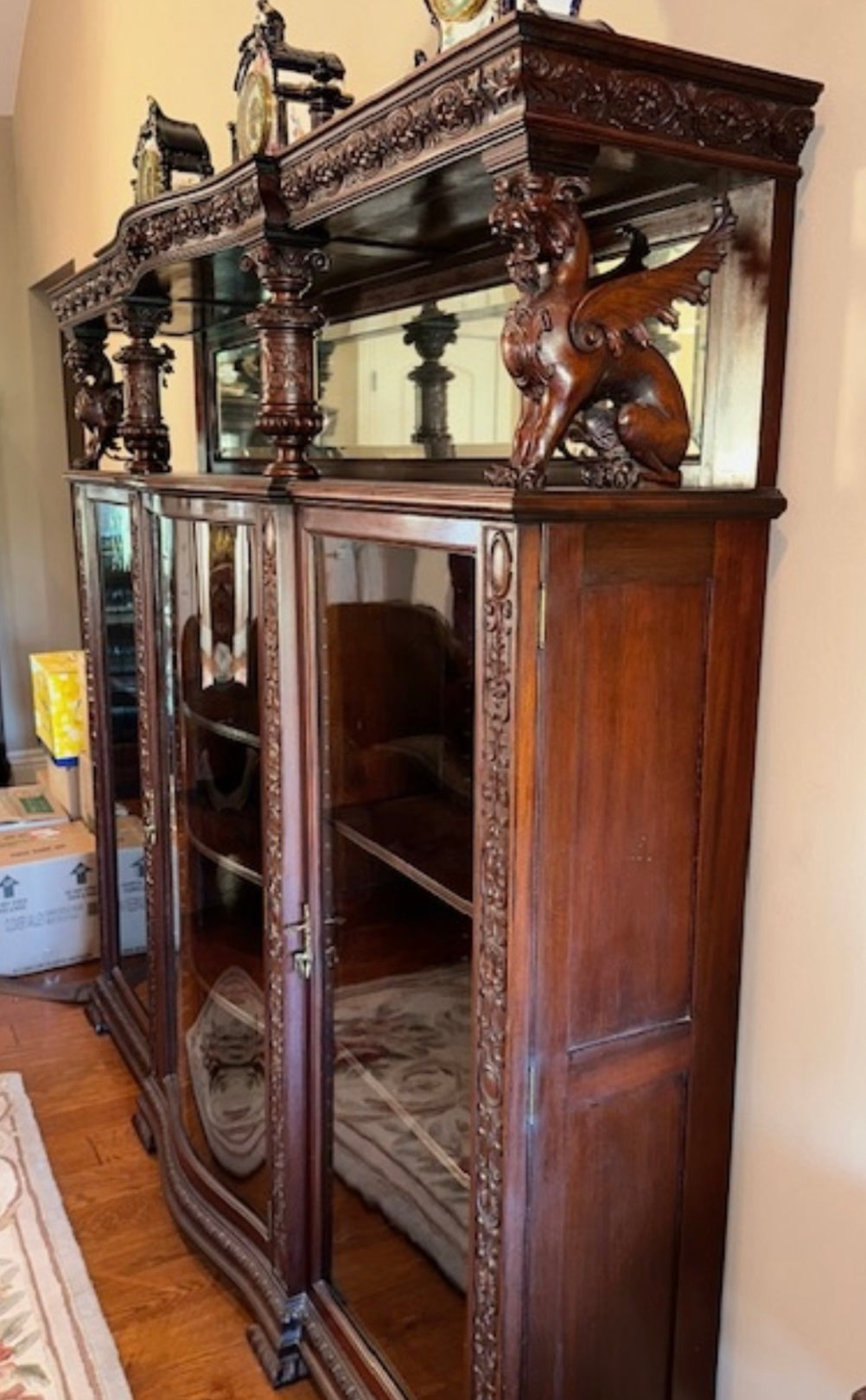 R. J. HORNER CARVED MAHOGANY WINGED GRIFFIN 3 DRAWER BOOKCASE