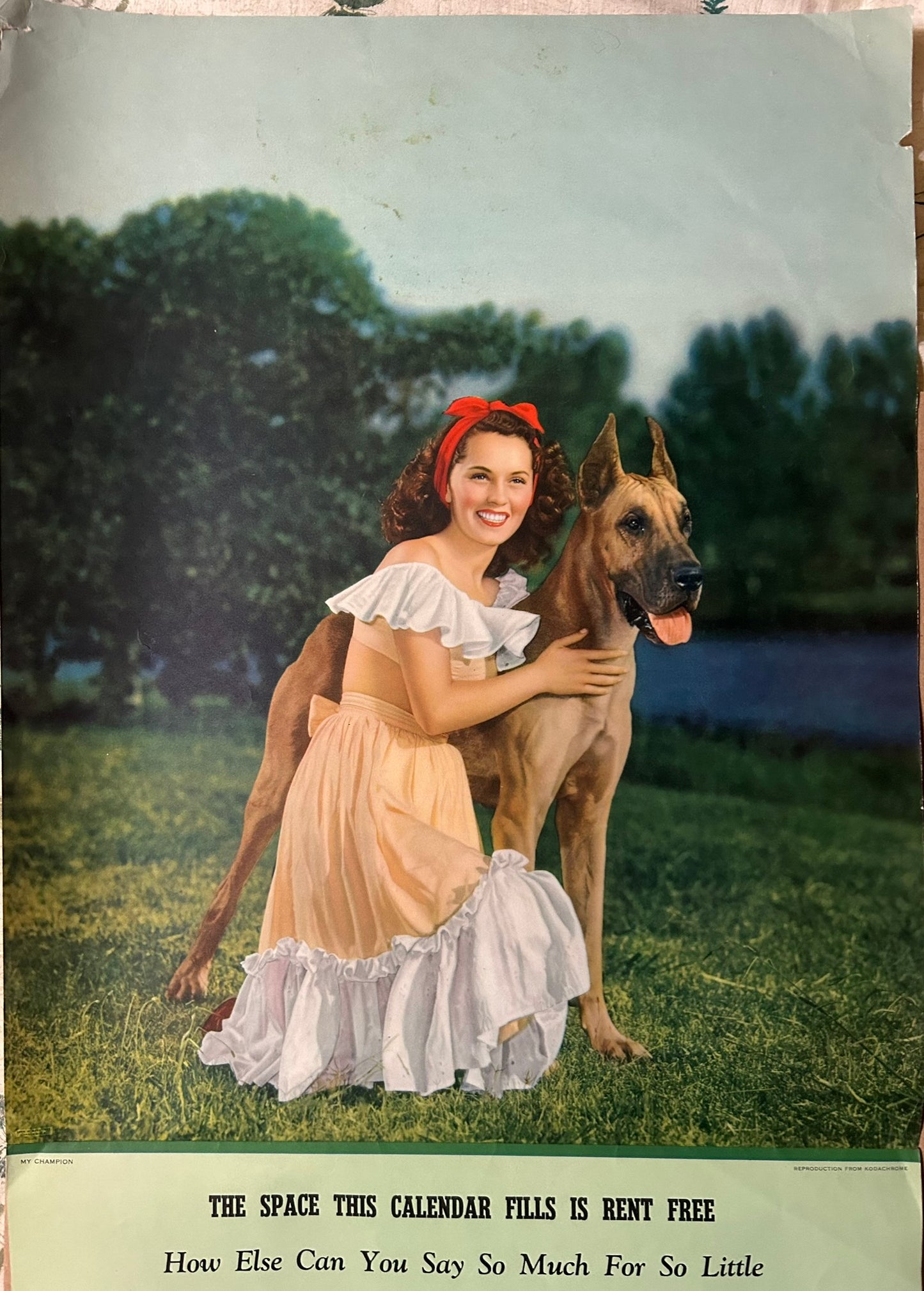 ADVERTISING PROTOTYPE 1950 CALENDAR WITH PRETTY WOMAN AND DOG