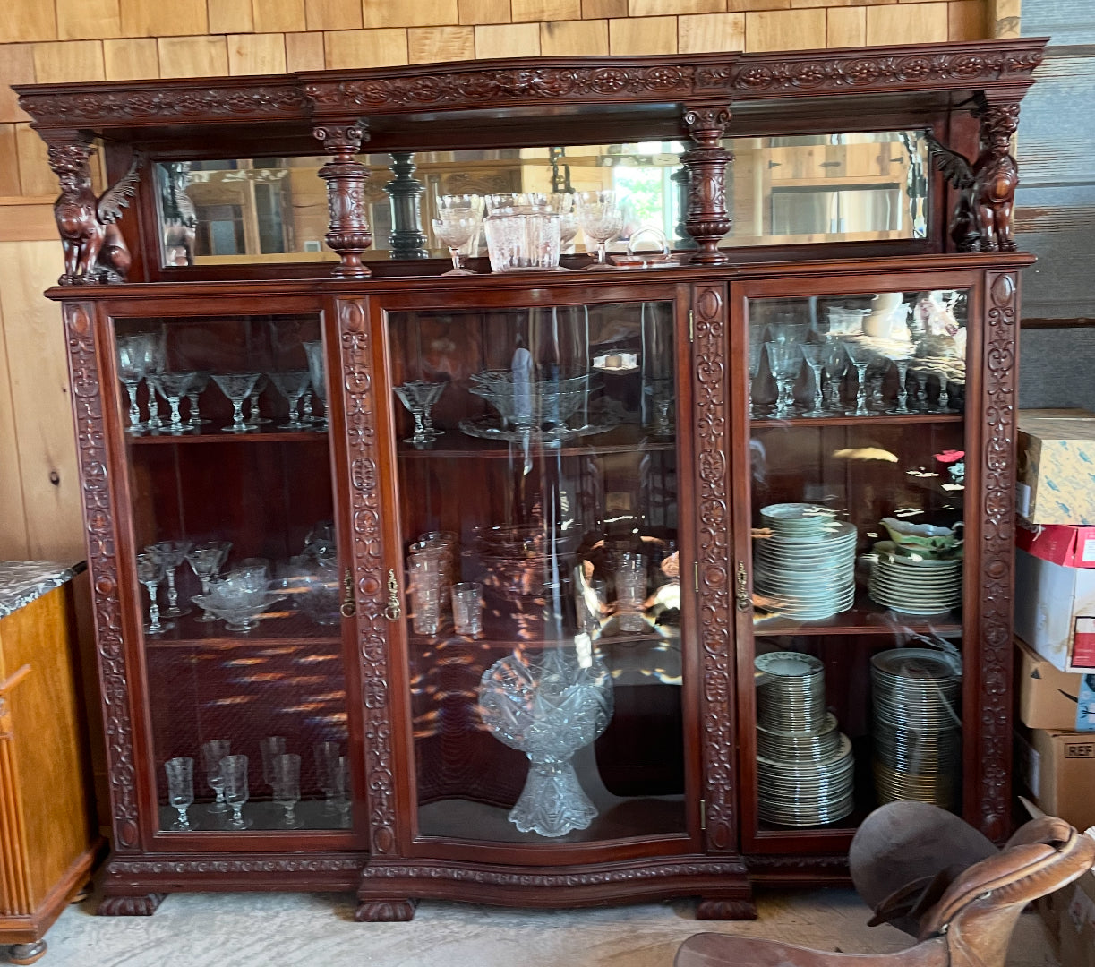 R. J. HORNER CARVED MAHOGANY WINGED GRIFFIN 3 DRAWER BOOKCASE