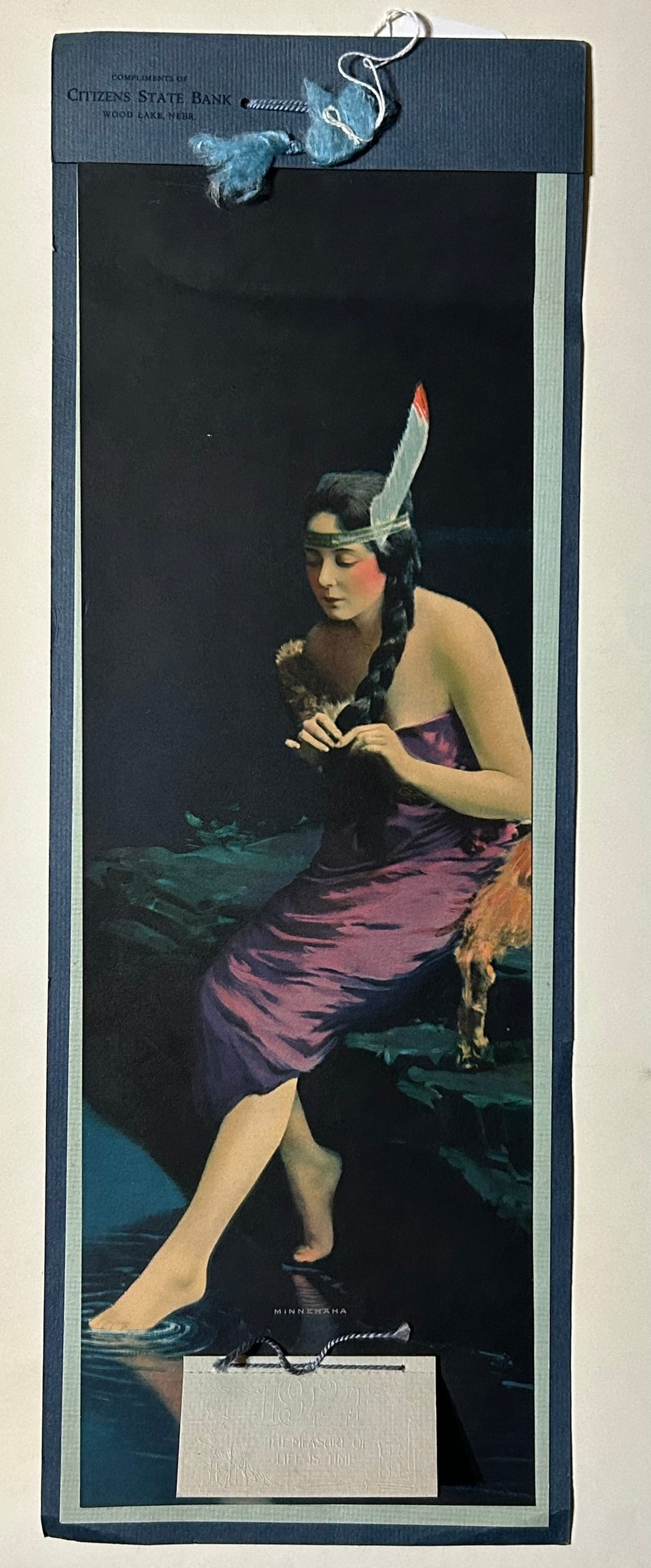 MINNEHAHA BEAUTIFUL NATIVE AMERICAN GIRL 1921 ADVERTISING CALENDAR WOOD LAKE NEBRASKA