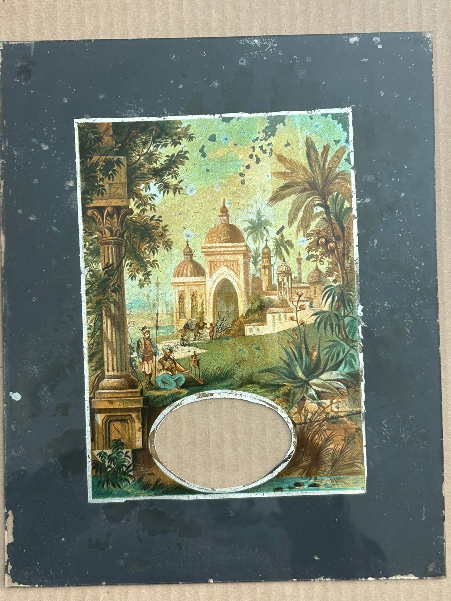 ANTIQUE CLOCK DOOR GLASS WITH FAR EASTERN TYPE LOOKING SCENE