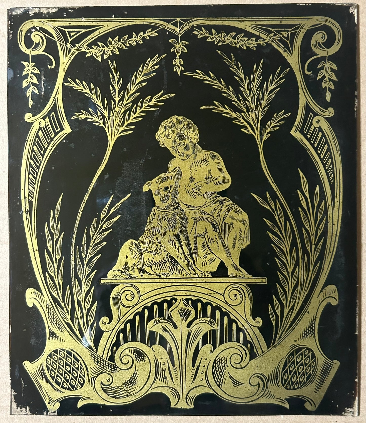 ANTIQUE CLOCK DOOR GLASS WITH BOY AND DOG SCENE