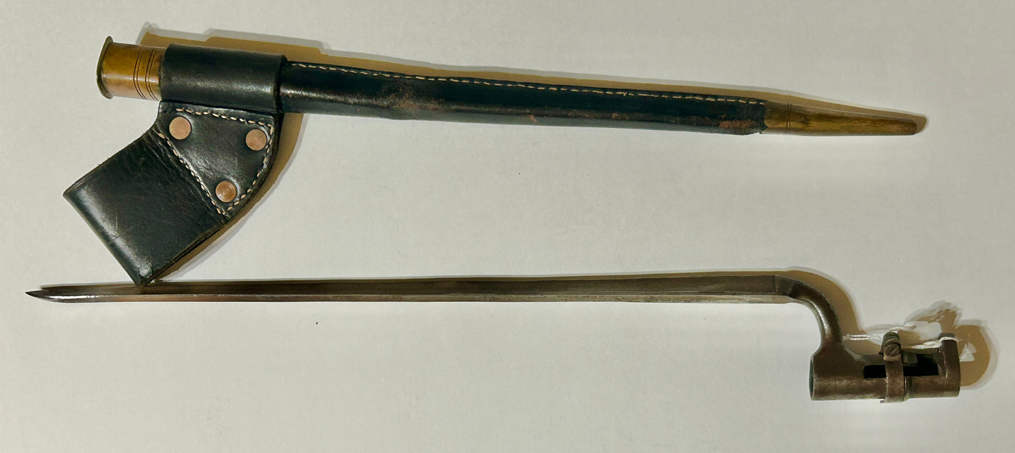 ANTIQUE SOCKET BAYONET MARKED INDIA D G M WITH SCABBARD AND FROG