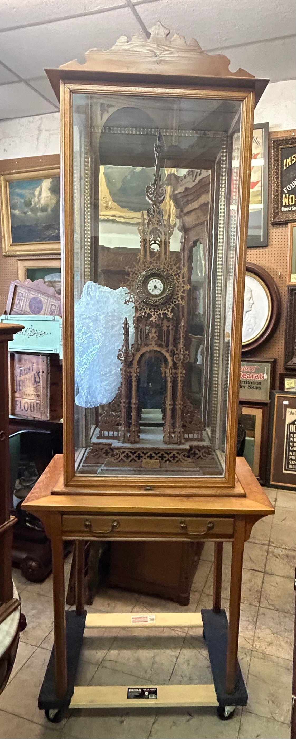 ANTIQUE FRETWORK STEEPLE SHAPE LARGE CLOCK IN WOOD CASE