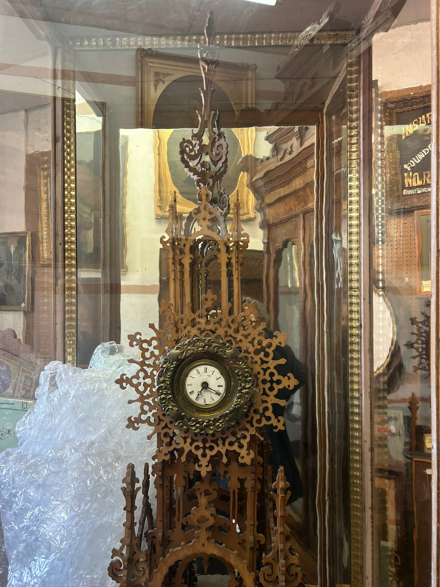 ANTIQUE FRETWORK STEEPLE SHAPE LARGE CLOCK IN WOOD CASE