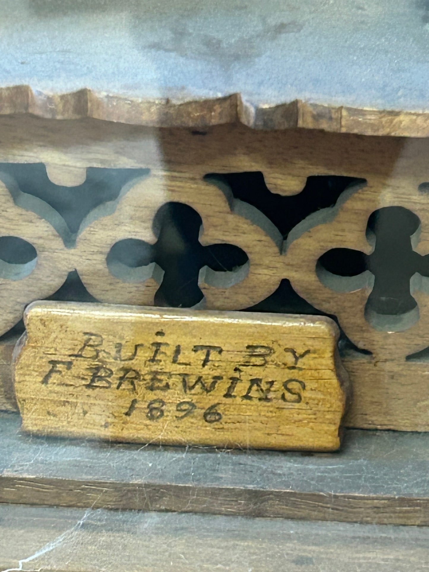 ANTIQUE FRETWORK STEEPLE SHAPE LARGE CLOCK IN WOOD CASE