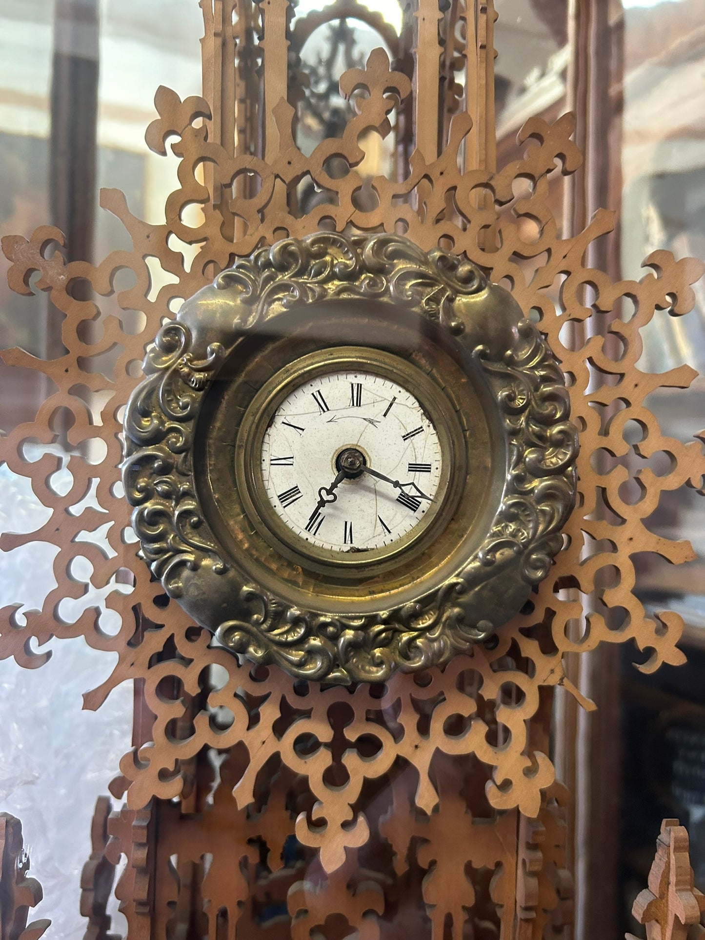 ANTIQUE FRETWORK STEEPLE SHAPE LARGE CLOCK IN WOOD CASE