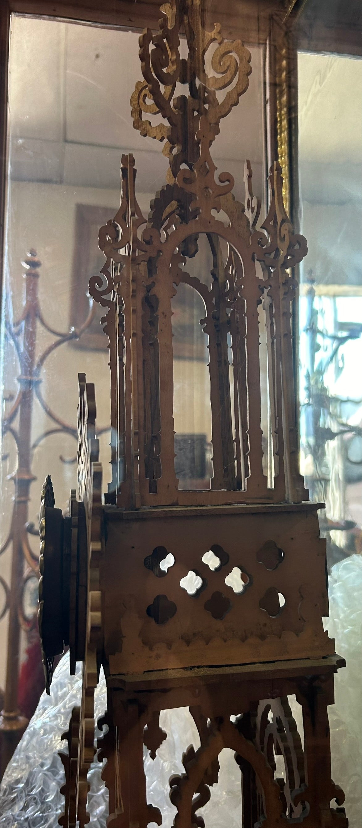 ANTIQUE FRETWORK STEEPLE SHAPE LARGE CLOCK IN WOOD CASE