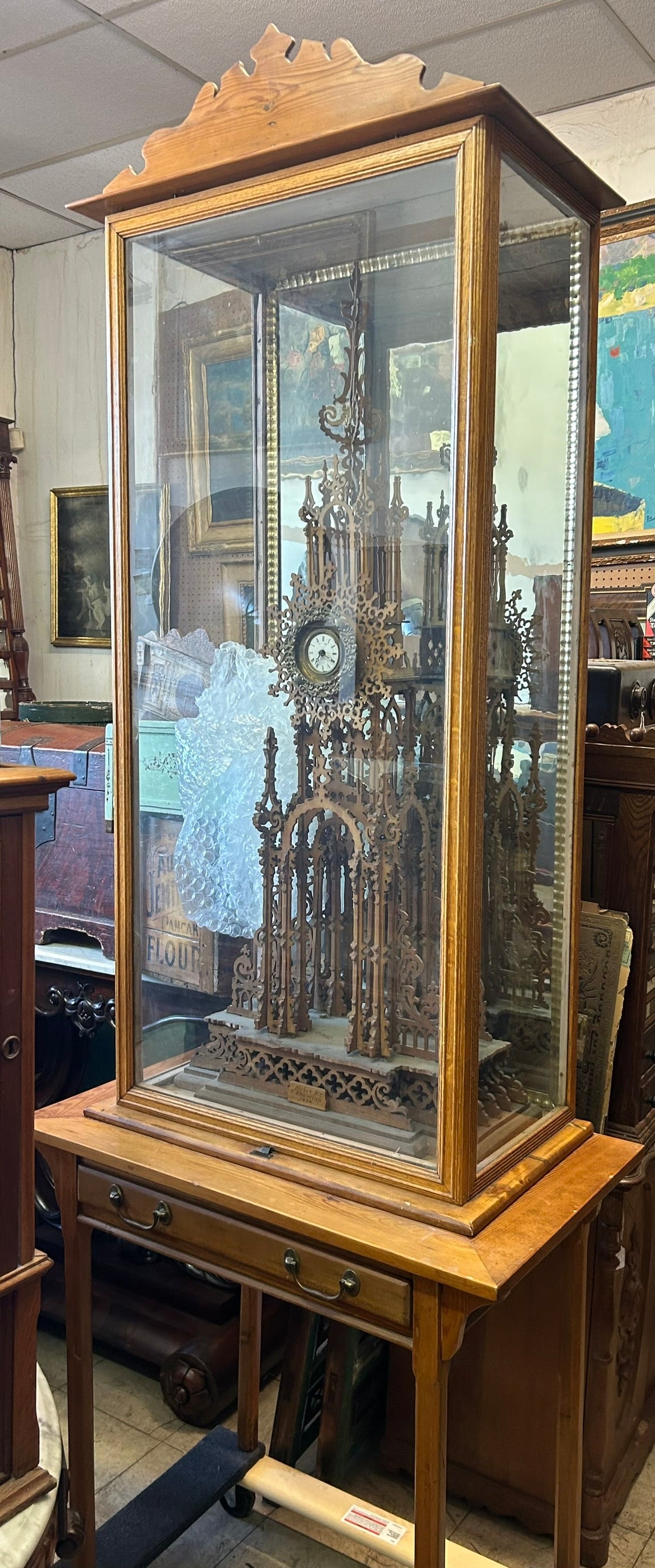 ANTIQUE FRETWORK STEEPLE SHAPE LARGE CLOCK IN WOOD CASE