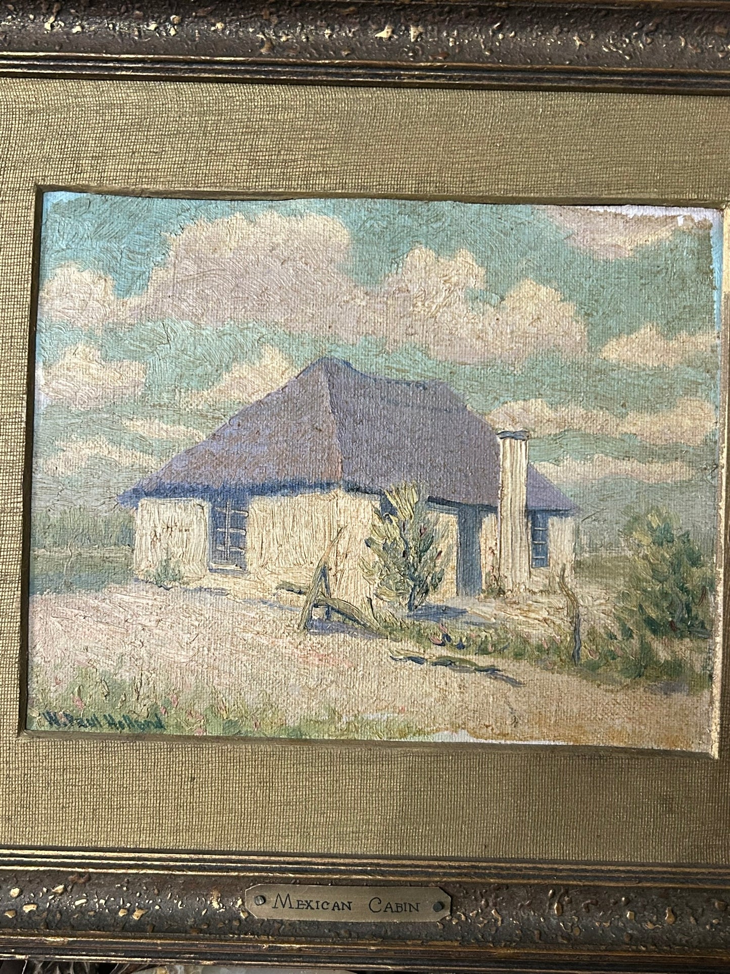W. PAUL HOLLAND 1895-1982 MISSOURI ARTIST PAINTING OF "MEXICAN CABIN"