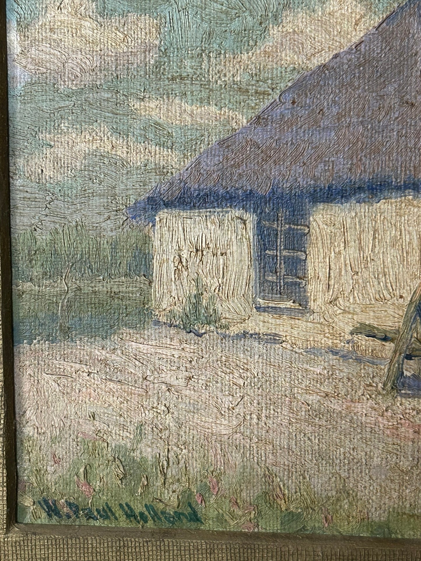 W. PAUL HOLLAND 1895-1982 MISSOURI ARTIST PAINTING OF "MEXICAN CABIN"