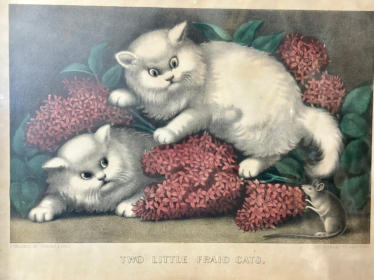 CURRIER AND IVES ANTIQUE PRINT " TWO LITTLE FRAID CATS"