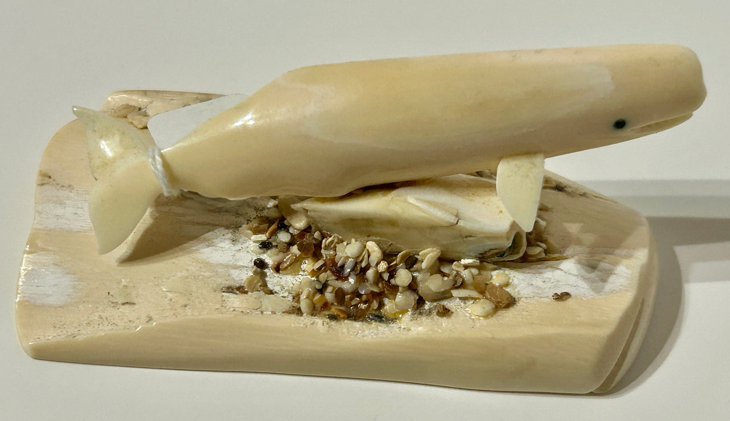 WALRUS IVORY FIGURAL WHALE CARVING ARTIST SIGNED
