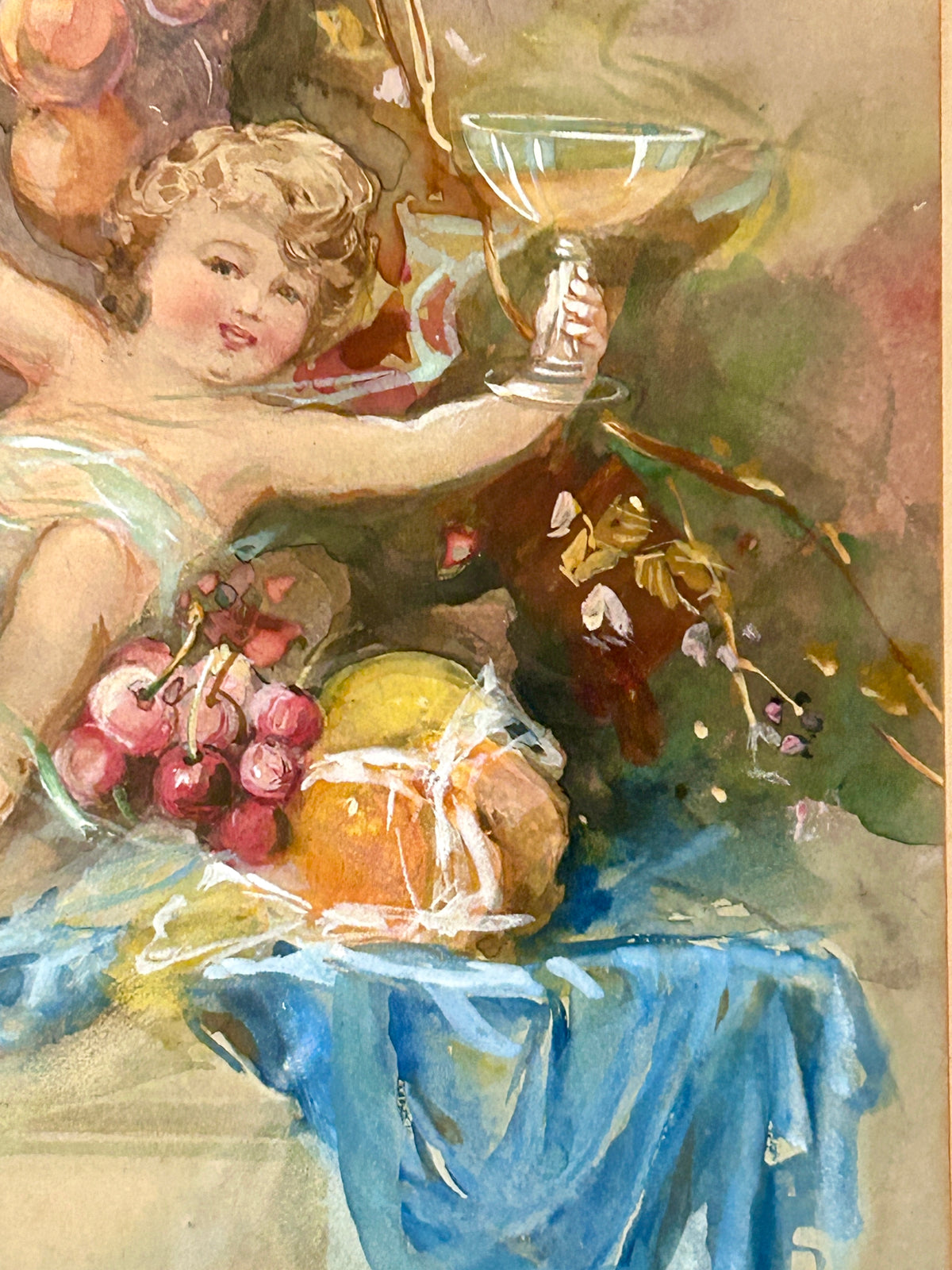 ANTIQUE WATERCOLOR PAINTING OF TWO CHERUBS WITH FRUIT