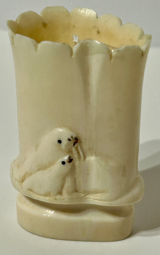 WALRUS IVORY CARVING OF POLAR BEARS AND WALRUS ON TOOTHPICK HOLDER
