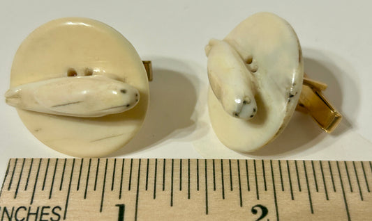 WALRUS IVORY CARVED SEALS BUTTON SHAPE CUFF LINKS
