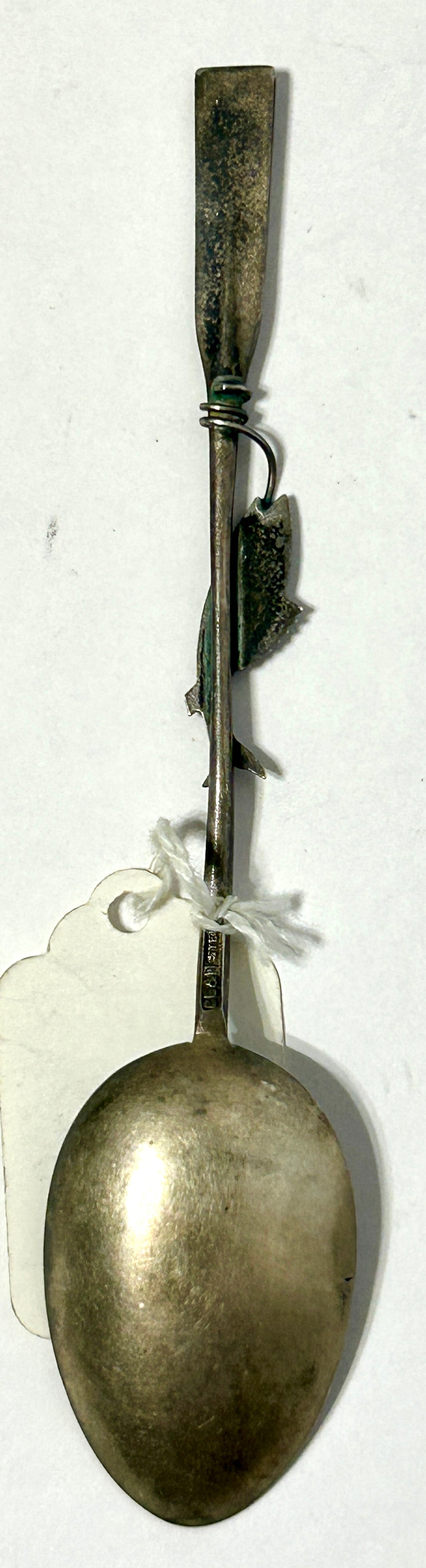 STERLING SILVER VINEYARD HAVEN SPOON WITH FISH, SAILING SHIP AND FIGURAL OAR