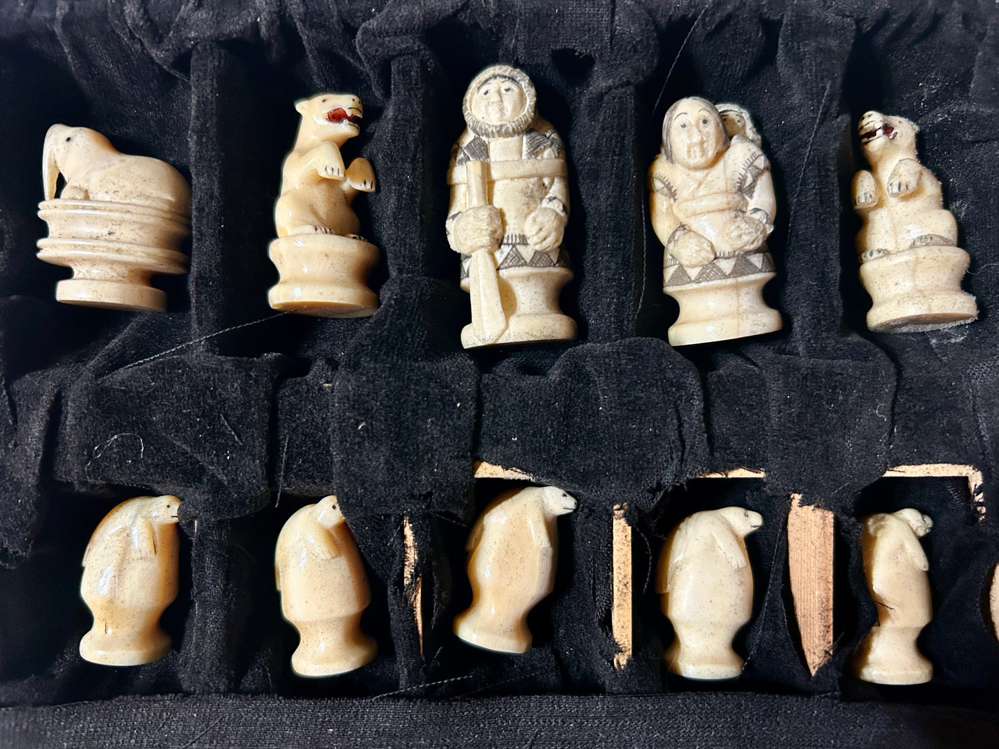 WALRUS IVORY CHESS SET INUIT CARVED