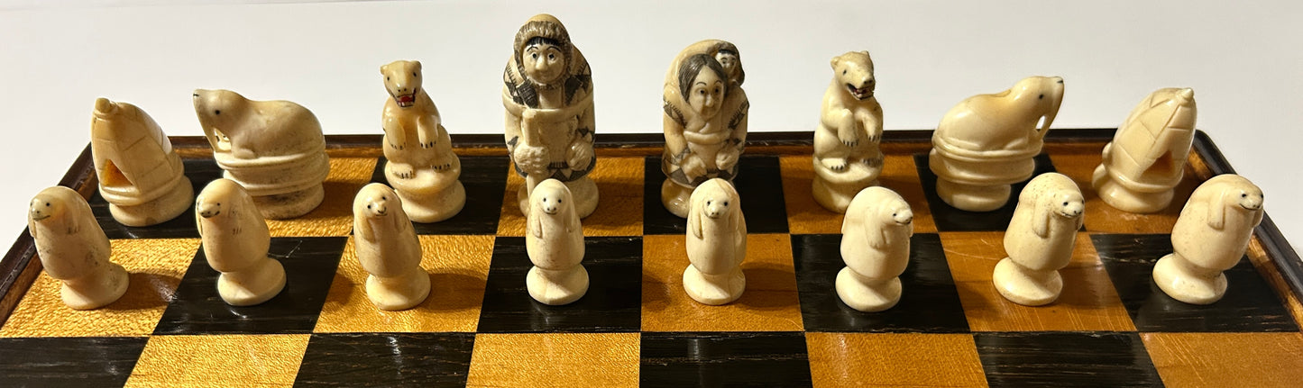 WALRUS IVORY CHESS SET INUIT CARVED