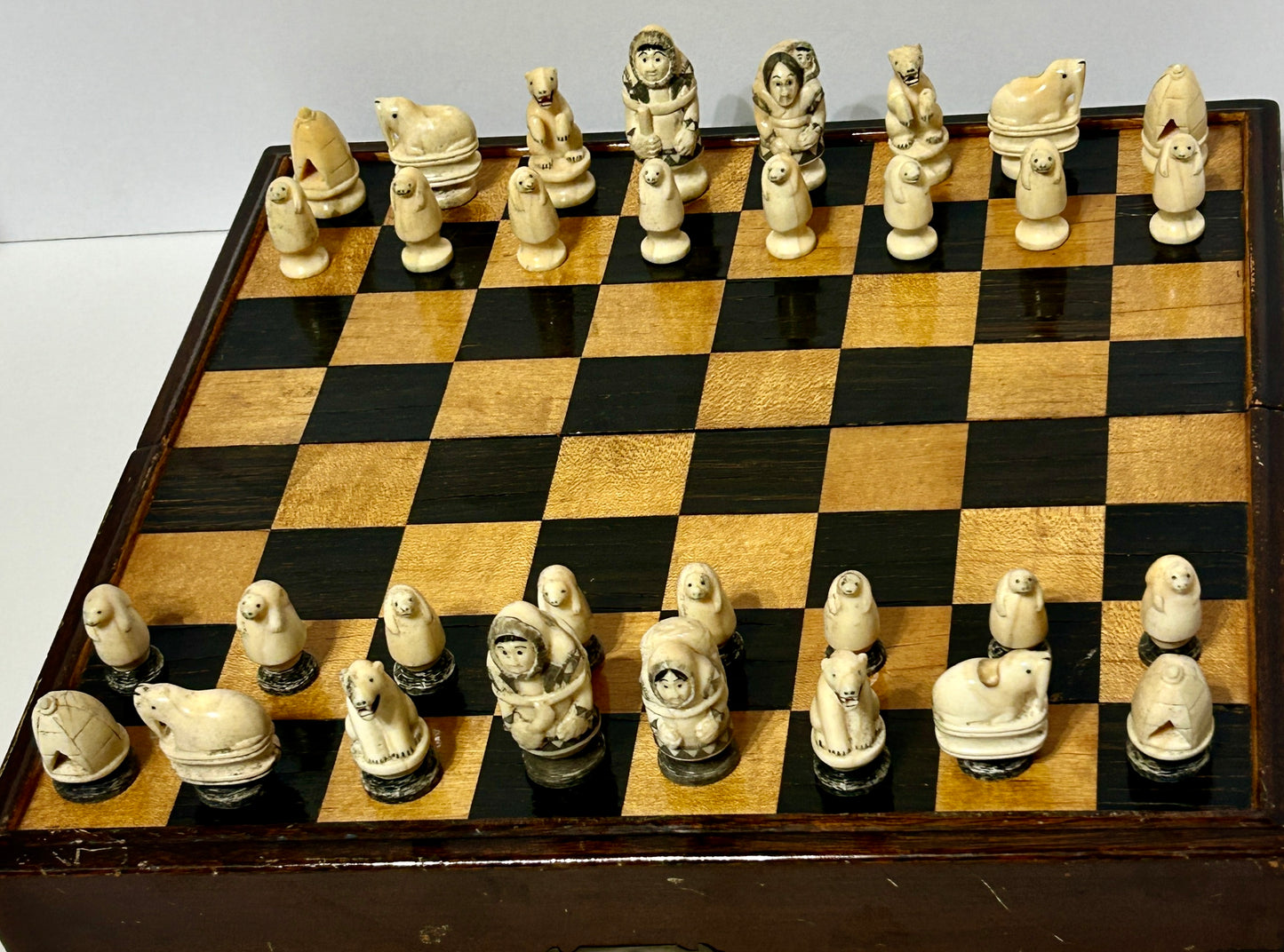 WALRUS IVORY CHESS SET INUIT CARVED