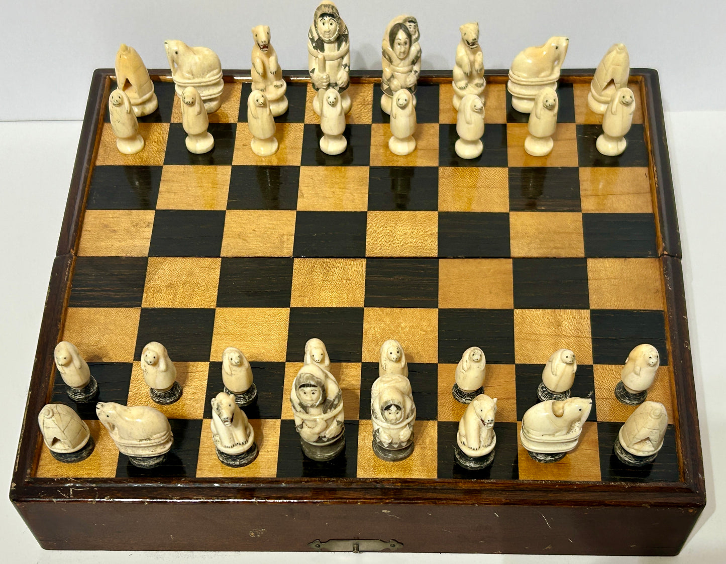WALRUS IVORY CHESS SET INUIT CARVED