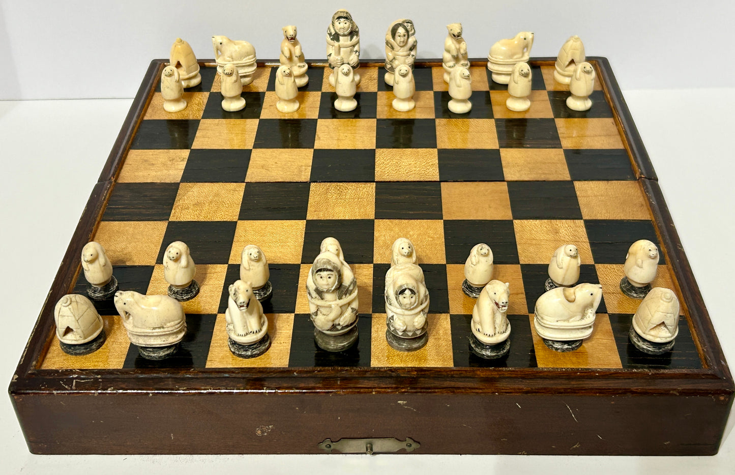 WALRUS IVORY CHESS SET INUIT CARVED