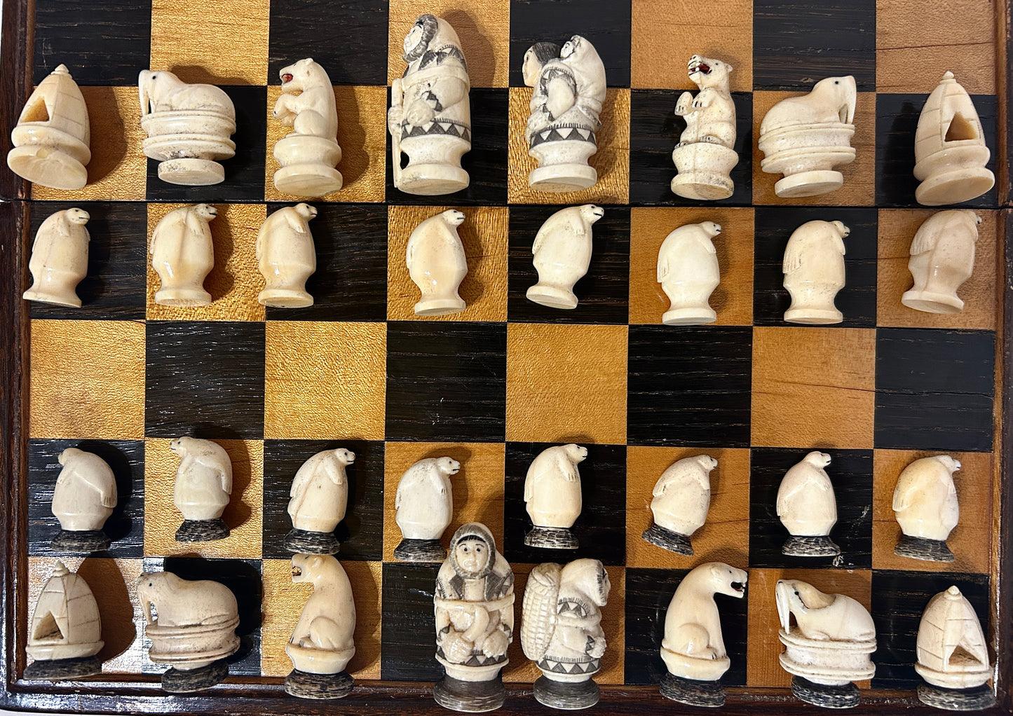 WALRUS IVORY CHESS SET INUIT CARVED