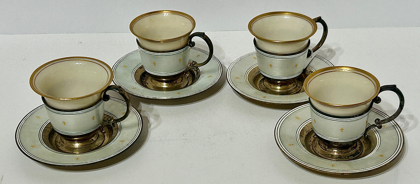 TIFFANY & CO. ENAMEL ON STERLING WITH PORCELAIN DEMITASSE SET